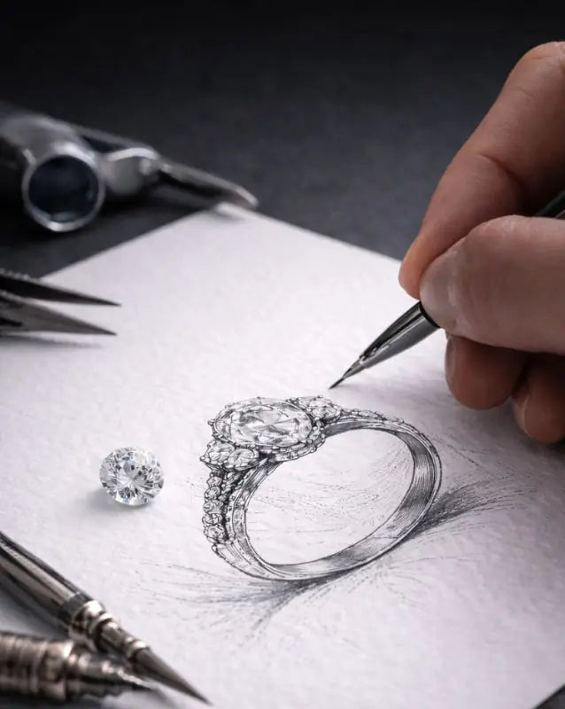 Evermore designer sketching a custom diamond ring beside a loose stone